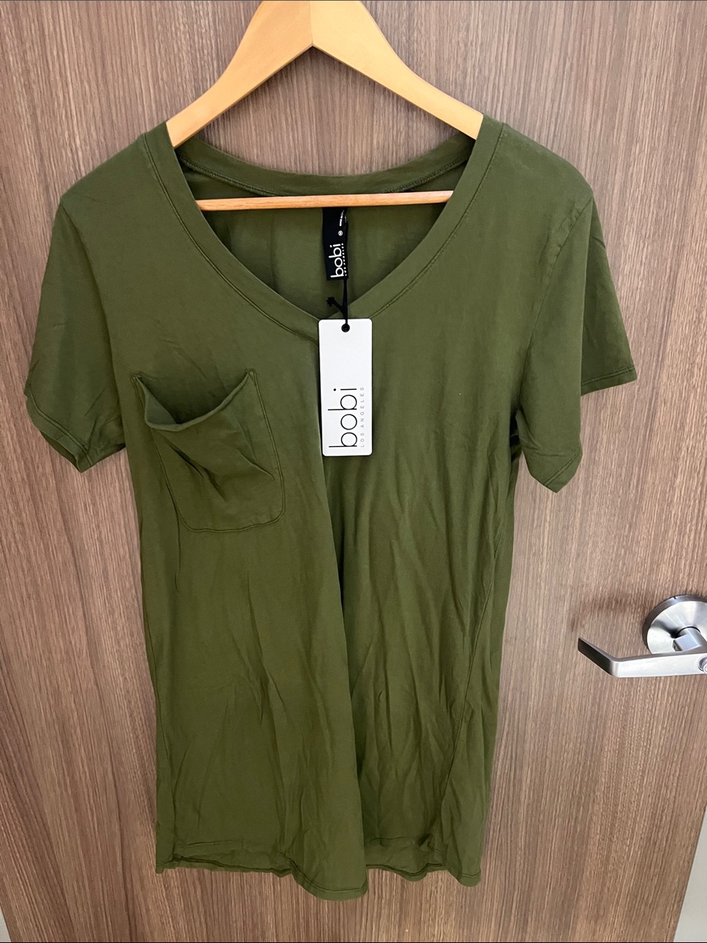 bobi Olive Green Short Sleeve V-Neck Pocket Tee 100% cotton